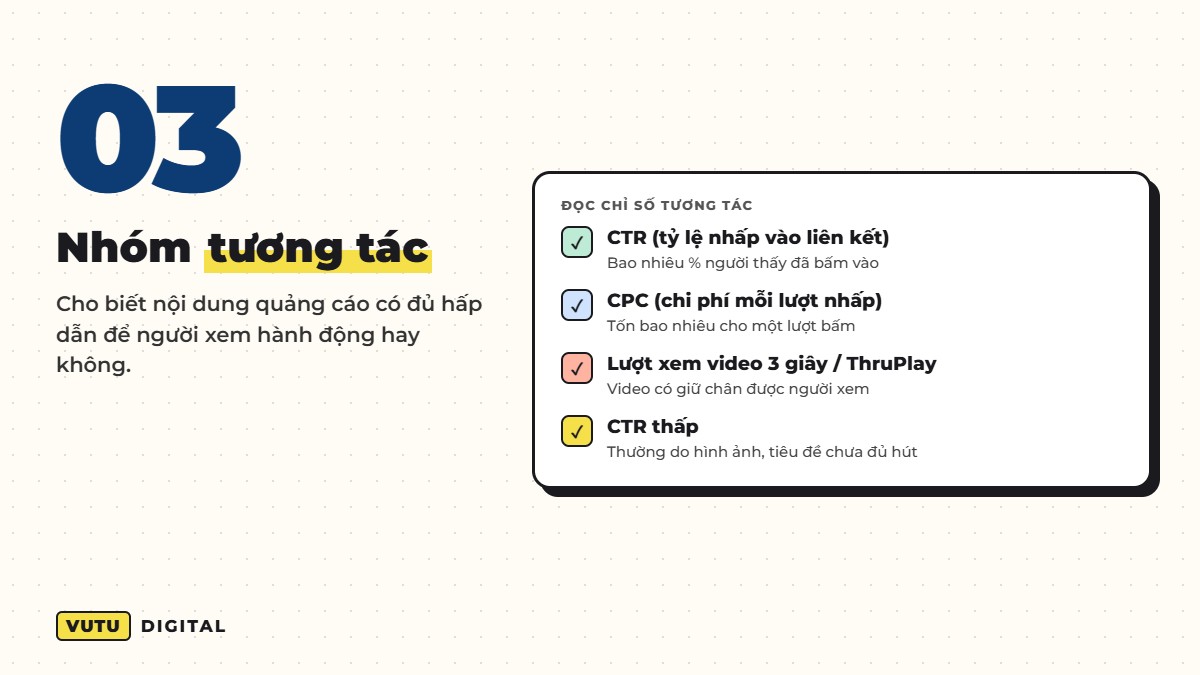 Đọc báo cáo quảng cáo Facebook: chỉ số nào thật sự quan trọng? 4 3. Nhóm tương tác: CTR (liên kết), CPC, tỷ lệ xem video