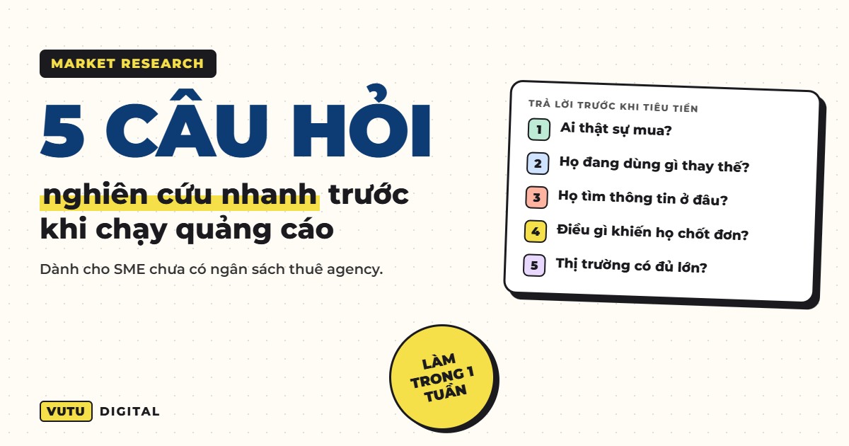 Nghiên cứu thị trường nhanh cho SME: 5 câu hỏi phải trả lời trước khi chạy quảng cáo 1 Nghiên cứu thị trường nhanh cho SME: 5 câu hỏi phải trả lời trước khi chạy quảng cáo
