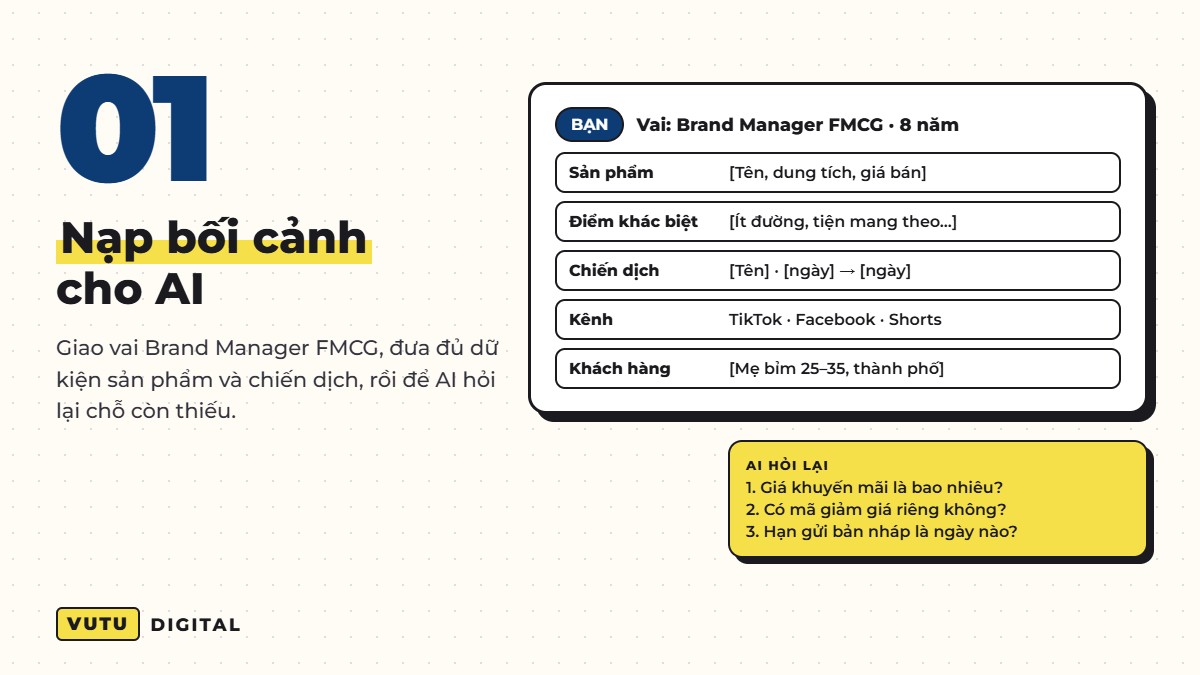 Prompt 1: nạp bối cảnh sản phẩm và chiến dịch để AI viết brief KOL/KOC