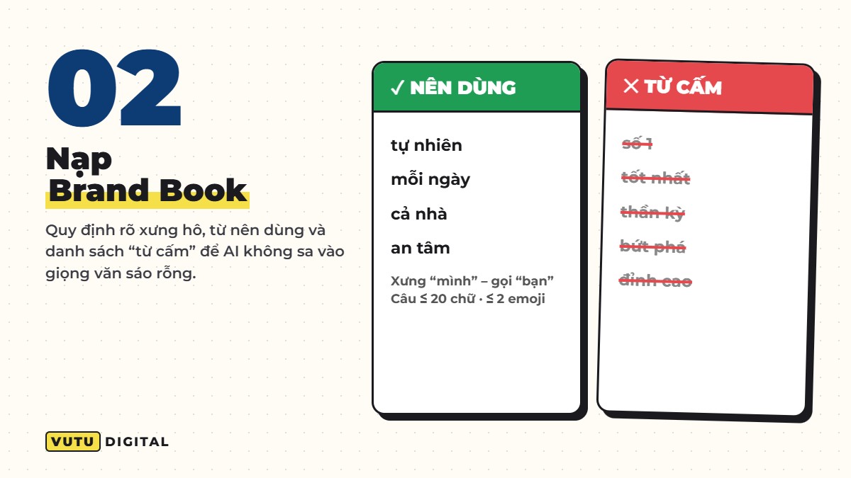 Prompt 2: brand book với từ nên dùng và từ cấm