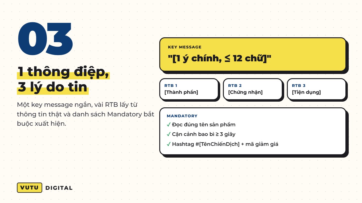 Prompt 3: key message, RTB và mandatory trong brief KOL/KOC