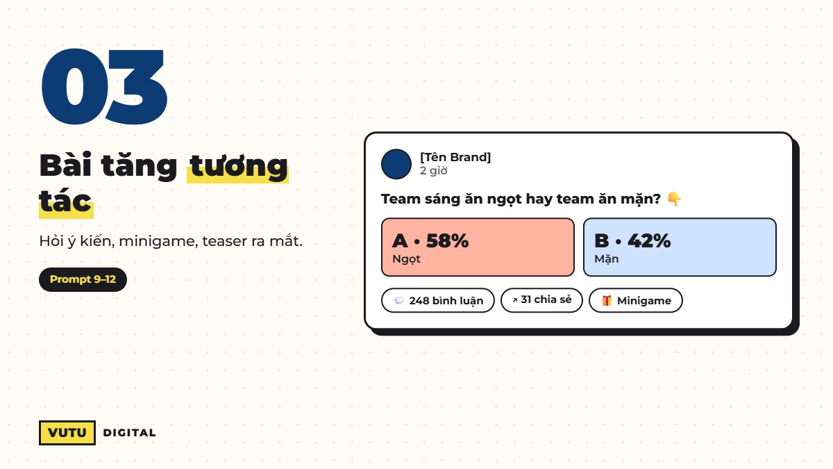 20 prompt viết content Facebook bán hàng (kèm ví dụ đầu ra) 4 Prompt viết bài tăng tương tác và minigame Facebook