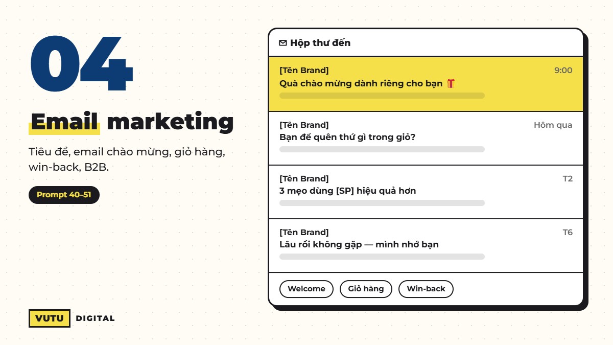 112 prompt viết content marketing cho từng kênh (kèm công thức dùng ngay) 6 Prompt viết email marketing