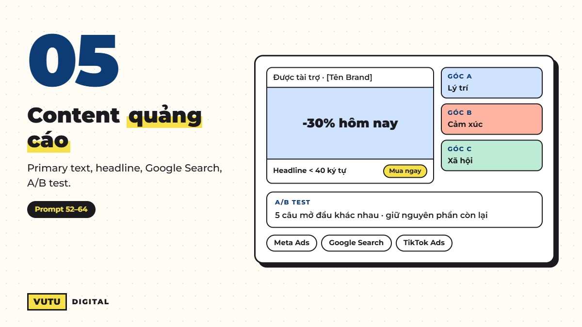 112 prompt viết content marketing cho từng kênh (kèm công thức dùng ngay) 7 Prompt viết quảng cáo Facebook và Google Ads