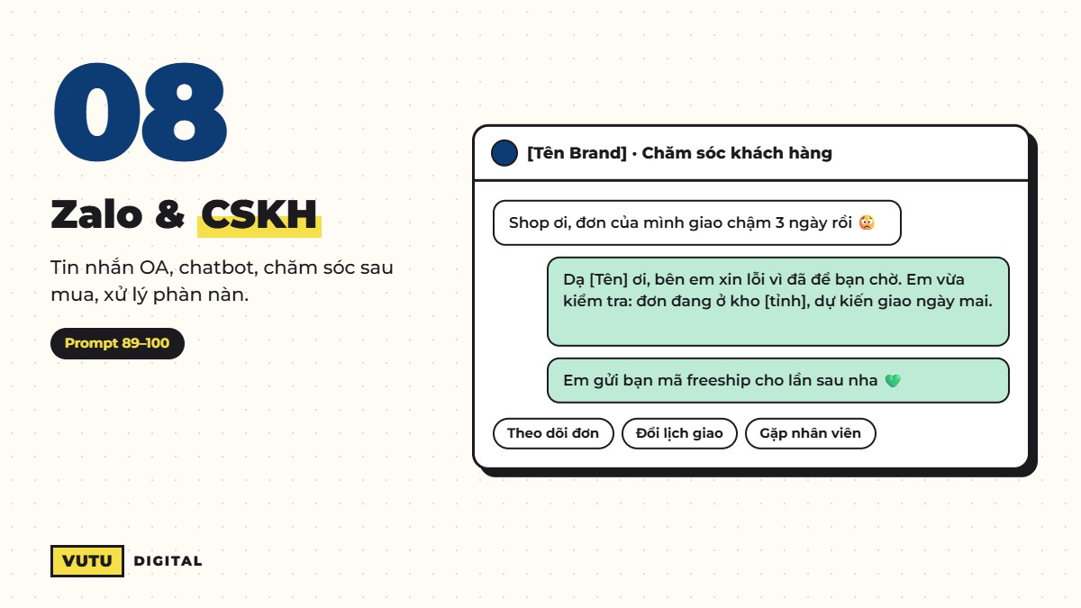 112 prompt viết content marketing cho từng kênh (kèm công thức dùng ngay) 10 Prompt viết tin nhắn Zalo và chăm sóc khách hàng