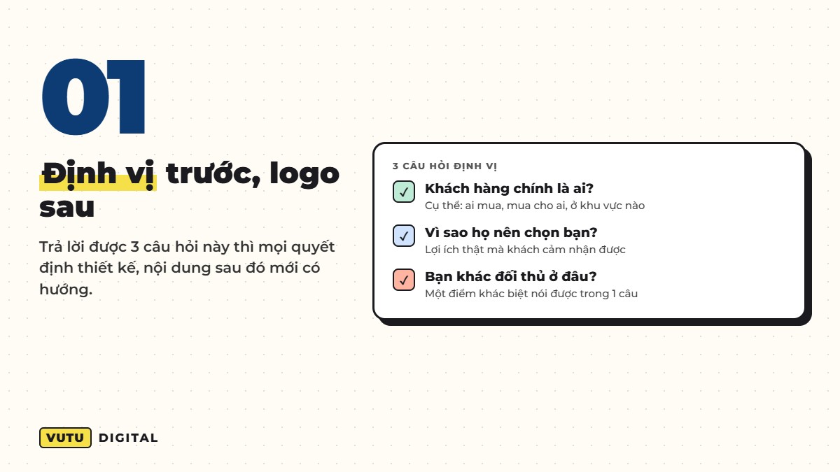 Bước 1: Định vị trước, logo sau – trả lời 3 câu hỏi cốt lõi