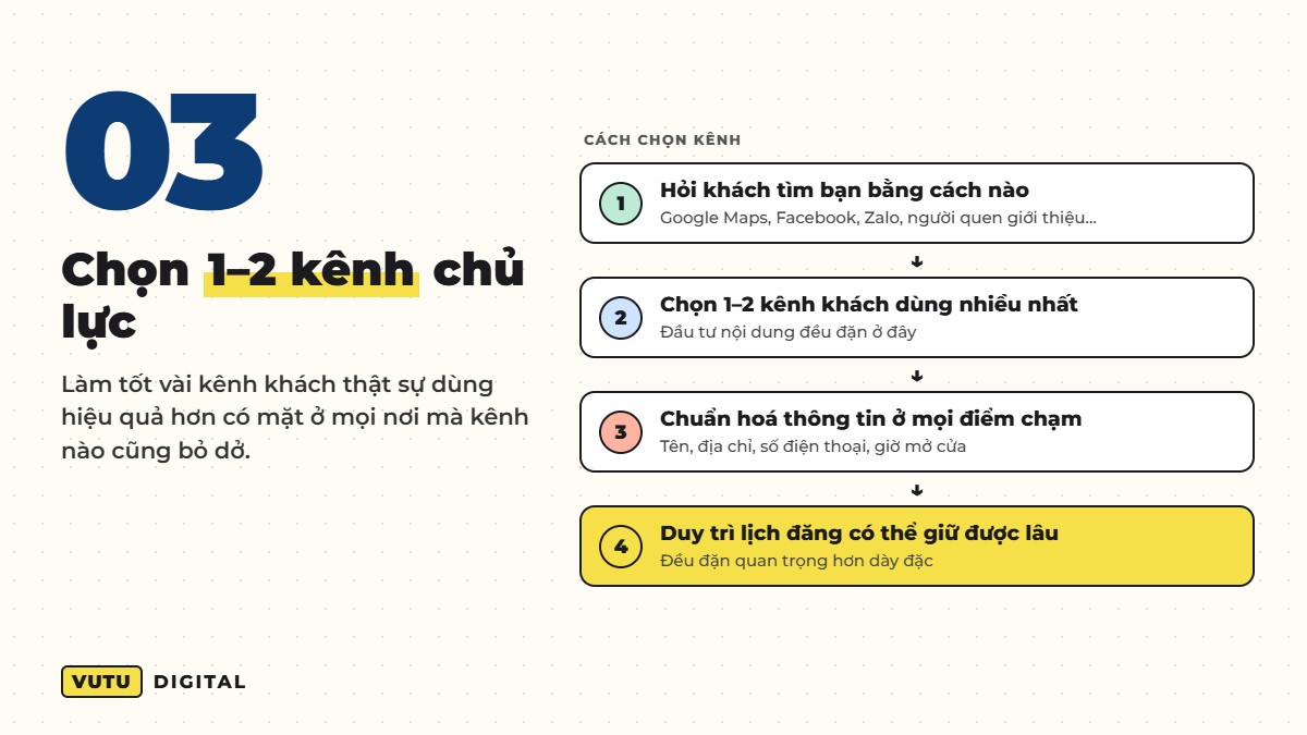 Bước 3: Chọn 1–2 kênh chủ lực – nơi khách địa phương thật sự ở