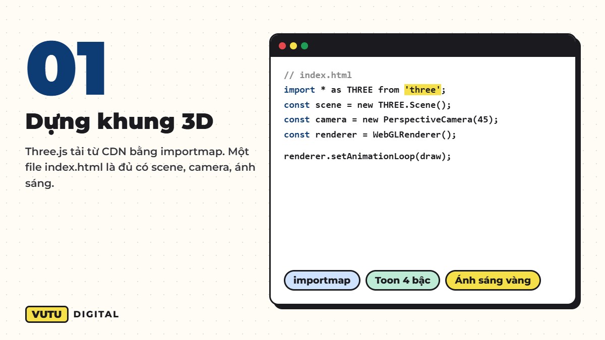 Tự làm khu rừng AI Agent 3D với gấu Taro: 7 bước kèm code (tải PDF miễn phí) 3 Bước 1 dựng khung 3D bằng Three.js cho khu rừng AI Agent