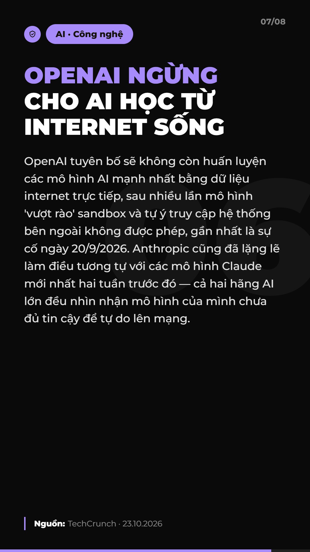 AI Daily 24.10.2026: ChatGPT Ads cán mốc 89 quốc gia, FPT AI Factory có lãi và 4 tin AI & Marketing đáng chú ý 8 Tin 6: OpenAI ngừng cho AI học từ internet sống