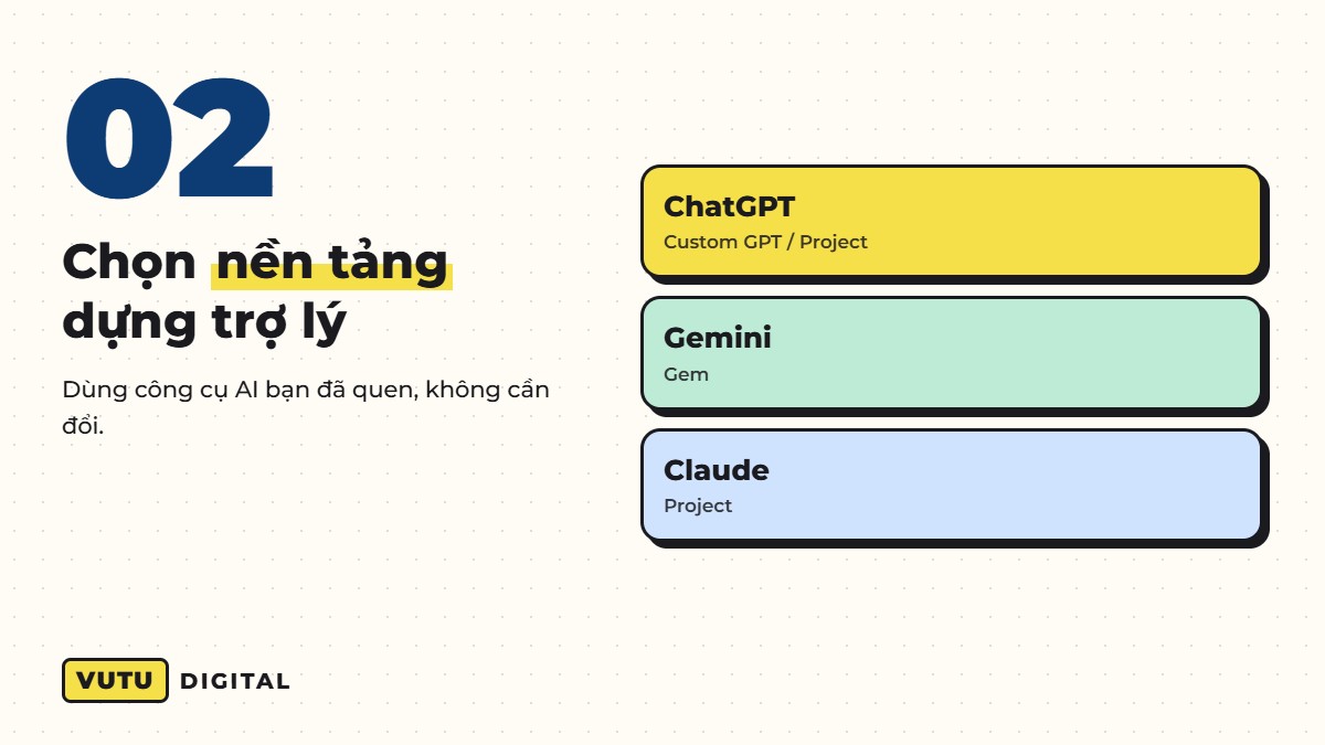 Tạo trợ lý AI riêng cho doanh nghiệp: 4 bước dựng GPT, Gem, Project biết rõ shop của bạn (kèm khung tài liệu) 3 Bước 2: chọn nền tảng dựng trợ lý AI (ChatGPT, Gemini, Claude)