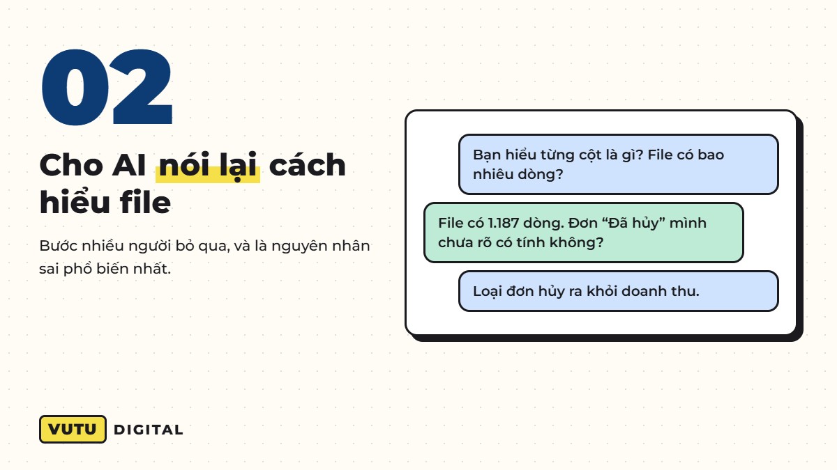 Phân tích file Excel bằng AI: 5 bước cho chủ shop không rành công thức (kèm câu lệnh mẫu) 3 Bước 2: kiểm tra AI hiểu đúng từng cột trong file