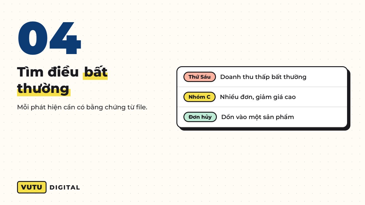 Phân tích file Excel bằng AI: 5 bước cho chủ shop không rành công thức (kèm câu lệnh mẫu) 5 Bước 4: AI tìm điều bất thường và gợi ý hành động từ file bán hàng