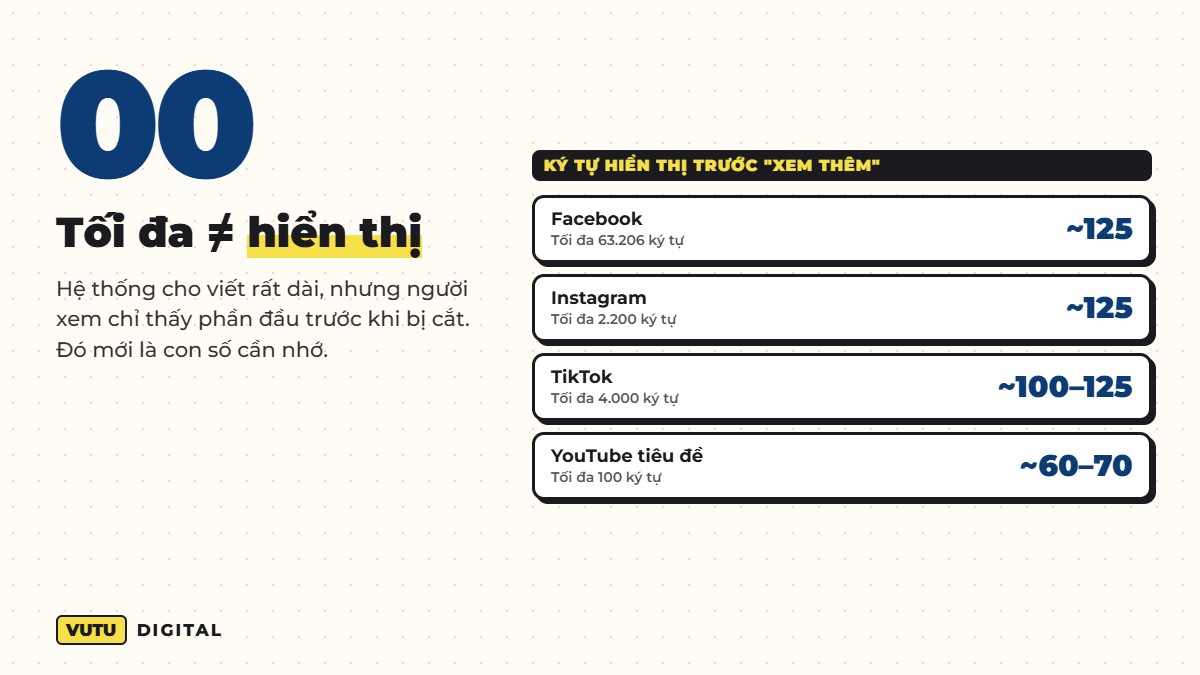 Giới hạn ký tự caption, tiêu đề, bio các nền tảng 2026 (bảng tra nhanh) 2 Giới hạn ký tự tối đa và phần hiển thị trước Xem thêm trên Facebook, Instagram, TikTok, YouTube