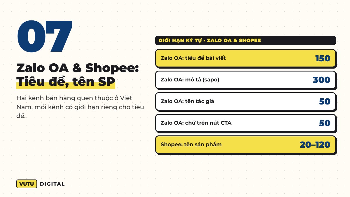 Giới hạn ký tự caption, tiêu đề, bio các nền tảng 2026 (bảng tra nhanh) 9 Giới hạn ký tự Zalo OA và tên sản phẩm Shopee