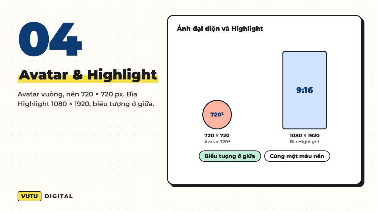 Kích thước ảnh Instagram 2026: post, carousel, Story, Reels (bảng tra nhanh) 5 Avatar & Highlight – Avatar vuông, nên 720 × 720 px. Bìa Highlight 1080 × 1920, biểu tượng ở giữa.