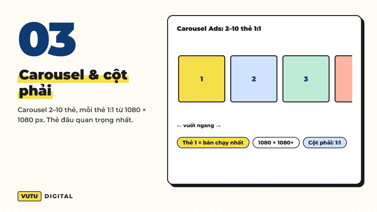 Kích thước ảnh quảng cáo Facebook Ads 2026 cho từng vị trí (kèm cách làm 1 bộ ảnh dùng mọi nơi) 4 Carousel & cột phải – Carousel 2–10 thẻ, mỗi thẻ 1:1 từ 1080 × 1080 px. Thẻ đầu quan trọng nhất.