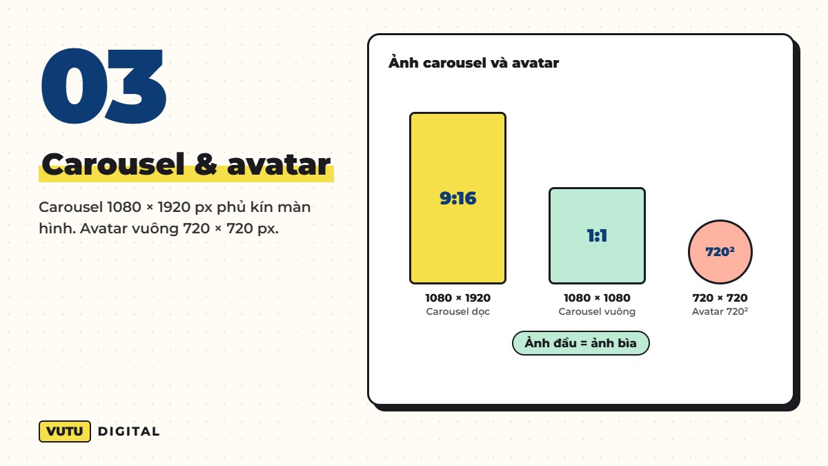 Kích thước ảnh & video TikTok chuẩn 2026 (kèm vùng an toàn để không bị che chữ) 4 Carousel & avatar – Carousel 1080 × 1920 px phủ kín màn hình. Avatar vuông 720 × 720 px.