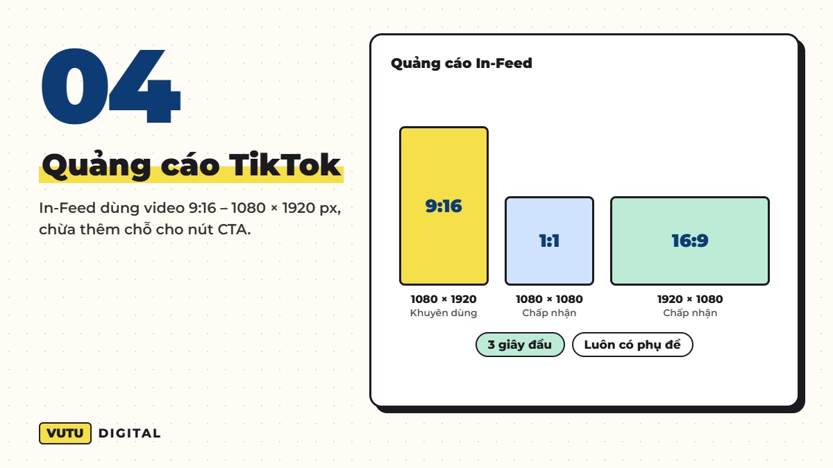 Kích thước ảnh & video TikTok chuẩn 2026 (kèm vùng an toàn để không bị che chữ) 5 Quảng cáo TikTok – In-Feed dùng video 9:16 – 1080 × 1920 px, chừa thêm chỗ cho nút CTA.