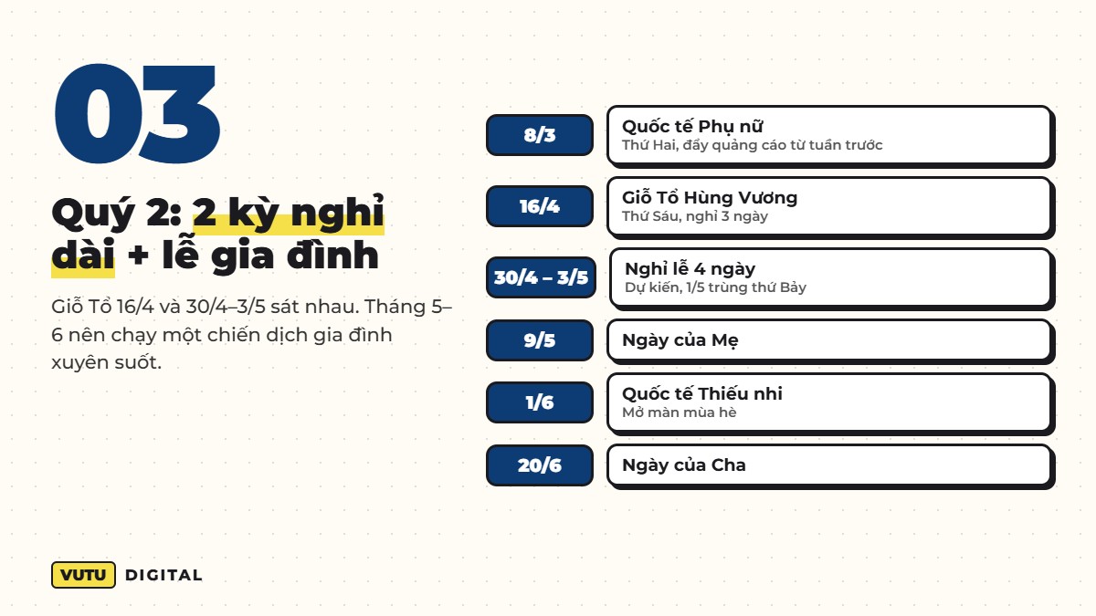 Lịch marketing 2027: ngày lễ và mùa sale cho thương hiệu (kèm file Excel) 4 Lịch marketing 2027 quý 2: 8/3, Giỗ Tổ, nghỉ 30/4–3/5, Ngày của Mẹ, 1/6