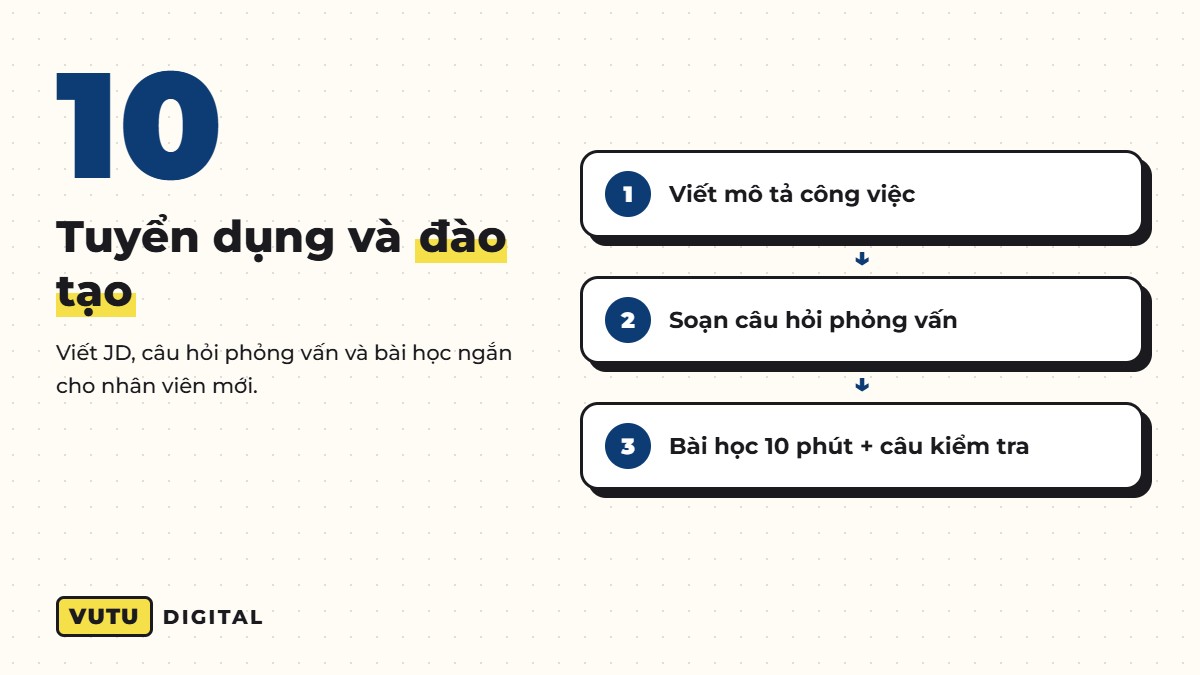 AI cho doanh nghiệp nhỏ: 10 việc giao cho AI ngay tuần này (kèm cách làm) 11 Việc 10: AI hỗ trợ tuyển dụng và đào tạo nhân viên